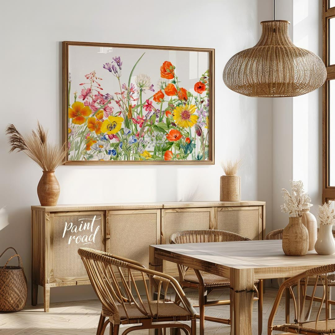 This richly detailed botanical illustration showcases a vibrant array of diverse wildflowers, burst… for dining room