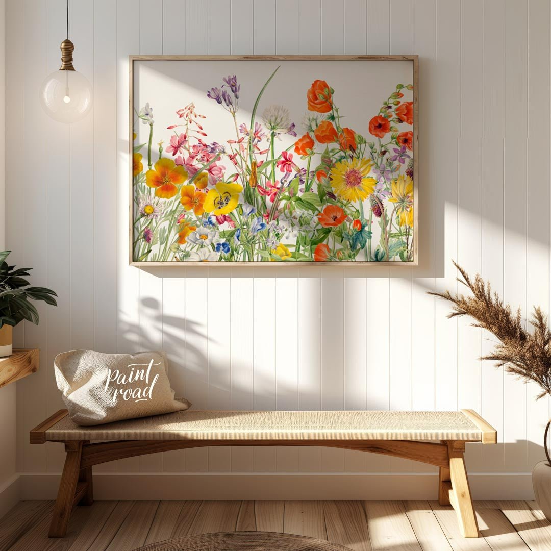 This richly detailed botanical illustration showcases a vibrant array of diverse wildflowers, burst… for entryway