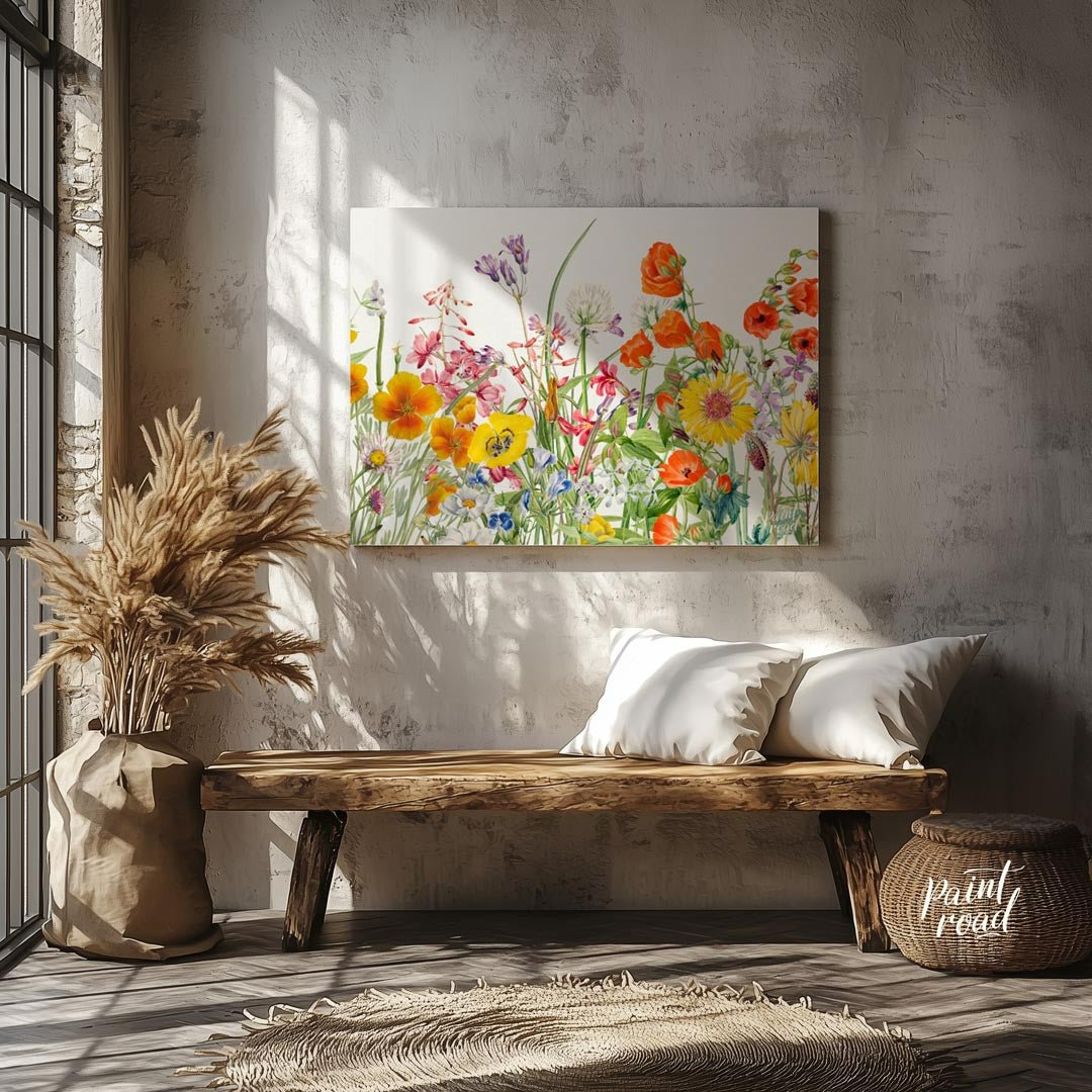 This richly detailed botanical illustration showcases a vibrant array of diverse wildflowers, burst… for hallway