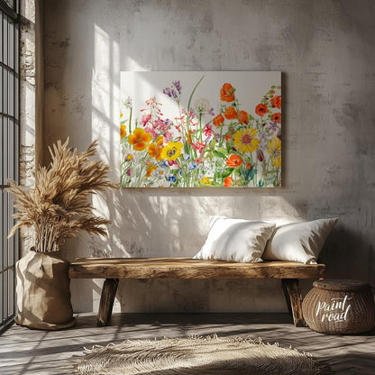 This richly detailed botanical illustration showcases a vibrant array of diverse wildflowers, burst… for hallway