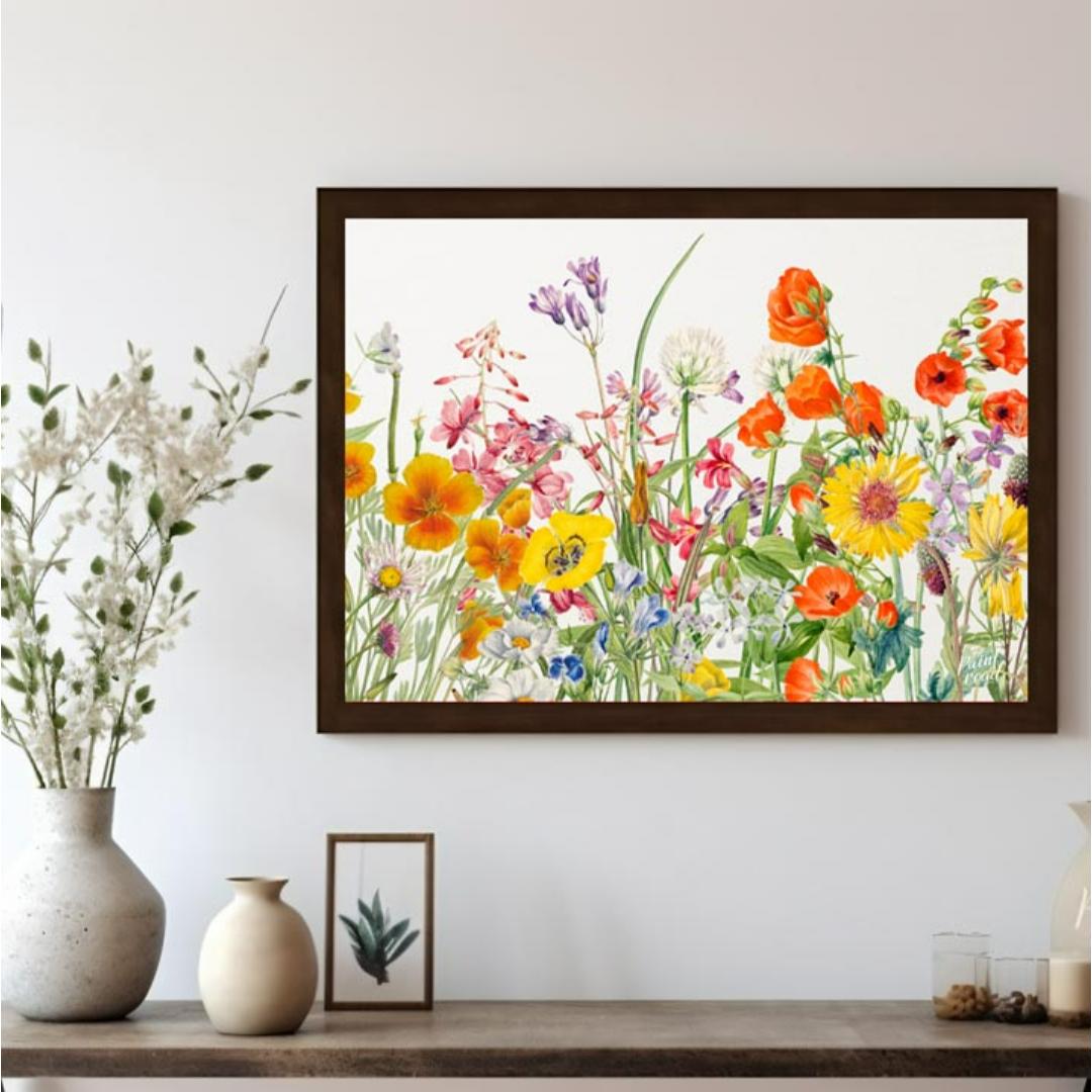 This richly detailed botanical illustration showcases a vibrant array of diverse wildflowers, burst… for living room