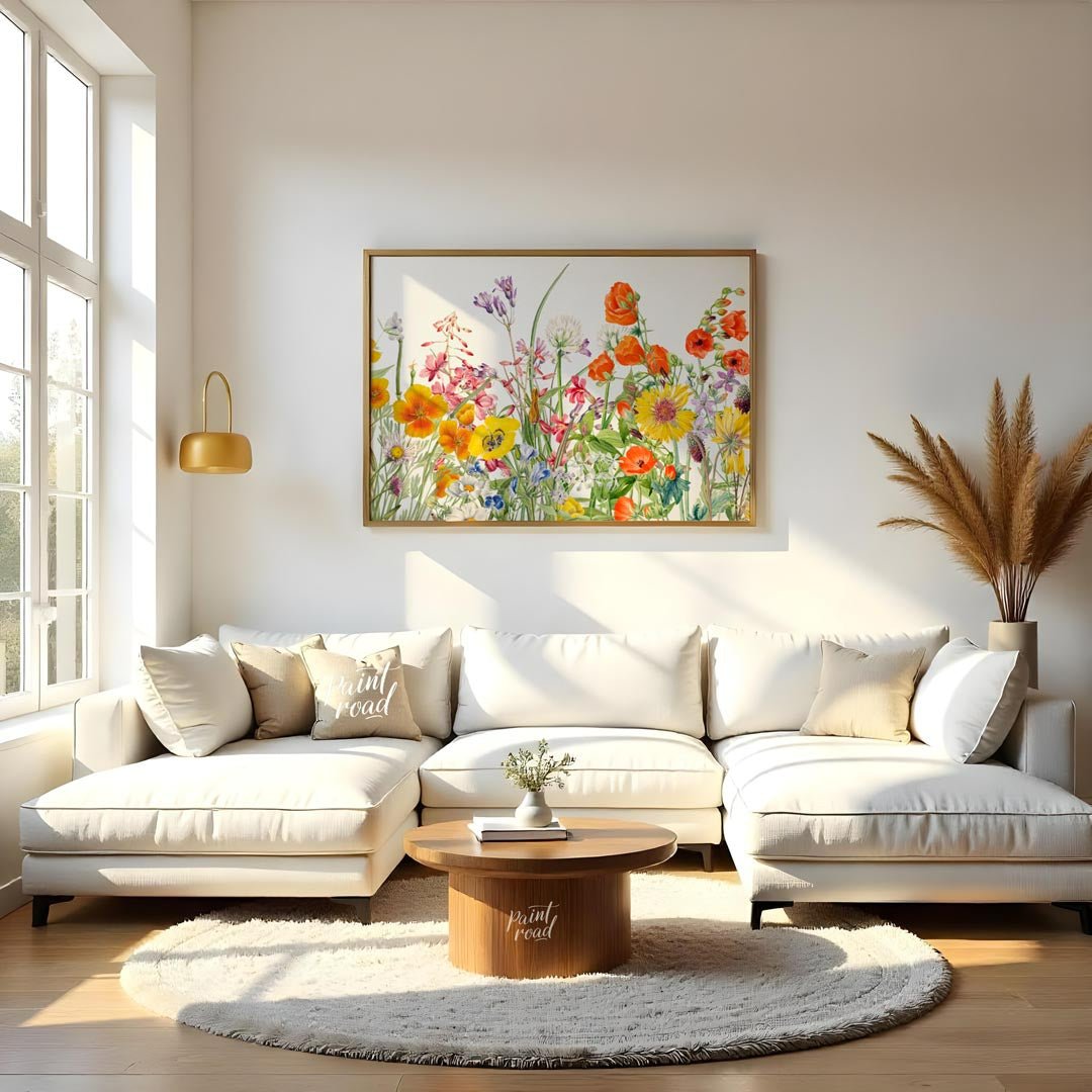 This richly detailed botanical illustration showcases a vibrant array of diverse wildflowers, burst… for living room
