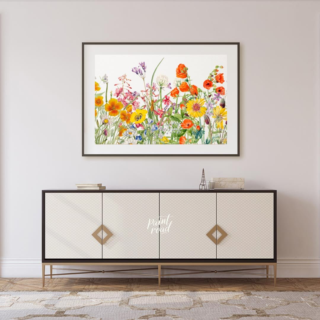 This richly detailed botanical illustration showcases a vibrant array of diverse wildflowers, burst… for living room