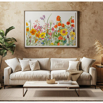 This richly detailed botanical illustration showcases a vibrant array of diverse wildflowers, burst… for living room