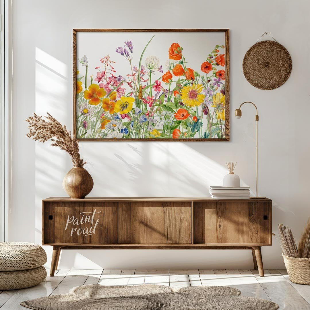 This richly detailed botanical illustration showcases a vibrant array of diverse wildflowers, burst… for living room