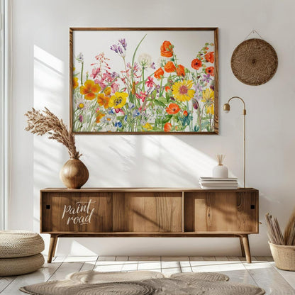 This richly detailed botanical illustration showcases a vibrant array of diverse wildflowers, burst… for living room