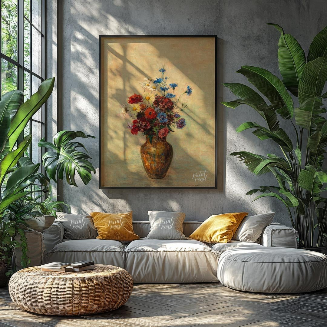 This painting, “Flowers in a Vase,” attributed to Odilon Redon, captures a vibrant bouquet of wildf… for living room
