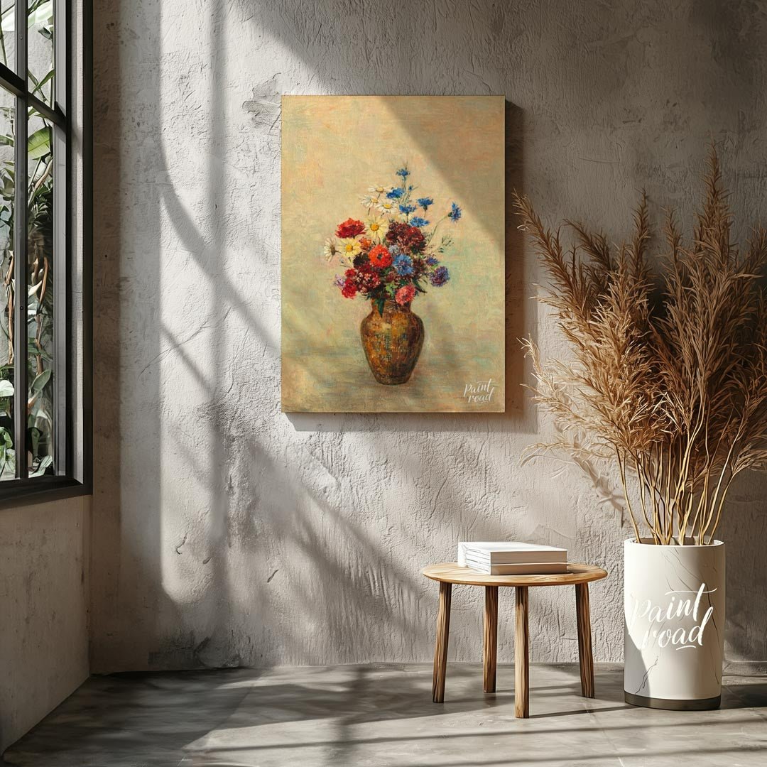 This painting, “Flowers in a Vase,” attributed to Odilon Redon, captures a vibrant bouquet of wildf… for living room