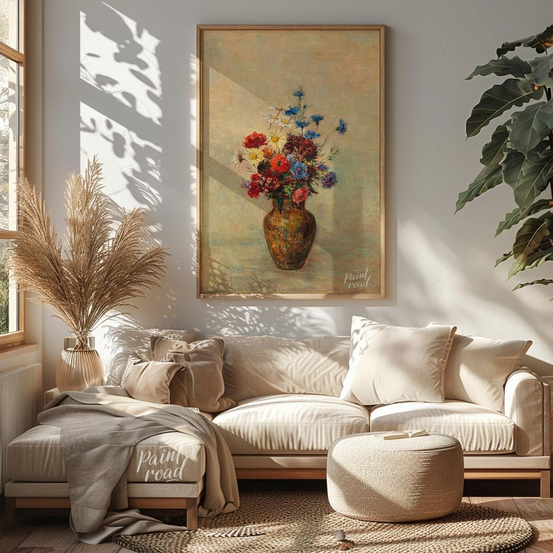 This painting, “Flowers in a Vase,” attributed to Odilon Redon, captures a vibrant bouquet of wildf… for living room