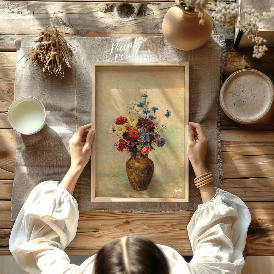 This painting, “Flowers in a Vase,” attributed to Odilon Redon, captures a vibrant bouquet of wildf… for other