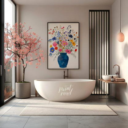This enchanting painting, titled “Wildflowers in a Blue Vase,” presents a lush and diverse bouquet … for bathroom