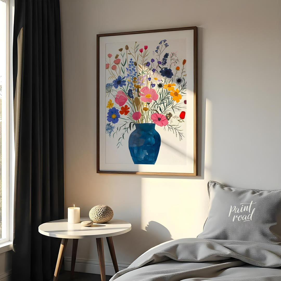 This enchanting painting, titled “Wildflowers in a Blue Vase,” presents a lush and diverse bouquet … for bedroom