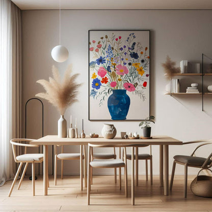 This enchanting painting, titled “Wildflowers in a Blue Vase,” presents a lush and diverse bouquet … for dining room