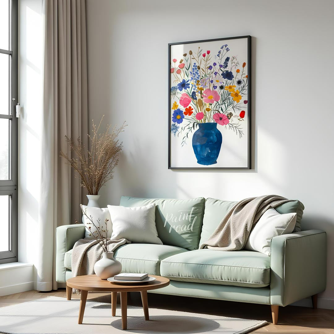 This enchanting painting, titled “Wildflowers in a Blue Vase,” presents a lush and diverse bouquet … for living room