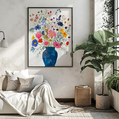 This enchanting painting, titled “Wildflowers in a Blue Vase,” presents a lush and diverse bouquet … for living room