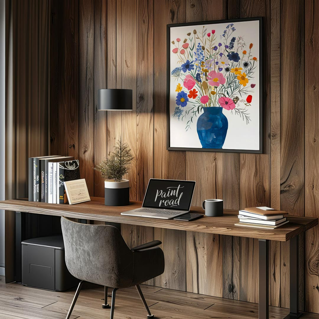 This enchanting painting, titled “Wildflowers in a Blue Vase,” presents a lush and diverse bouquet … for office