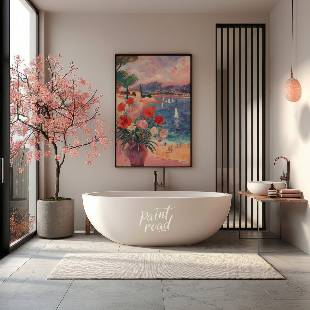 This beautiful painting captures a sun-drenched scene through an open window, revealing a breathtak… for bathroom