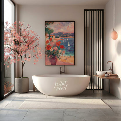 This beautiful painting captures a sun-drenched scene through an open window, revealing a breathtak… for bathroom
