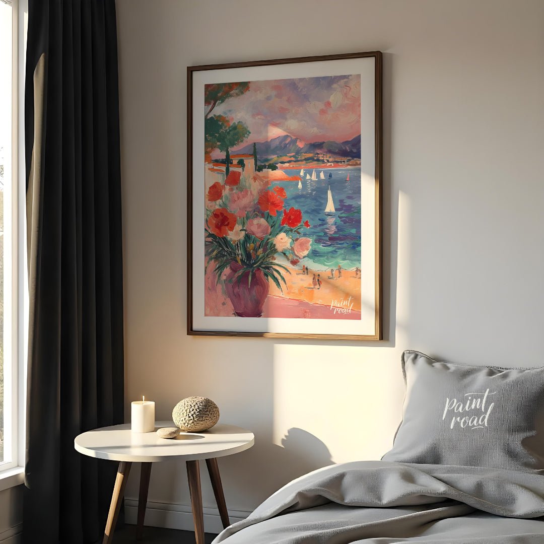 This beautiful painting captures a sun-drenched scene through an open window, revealing a breathtak… for bedroom