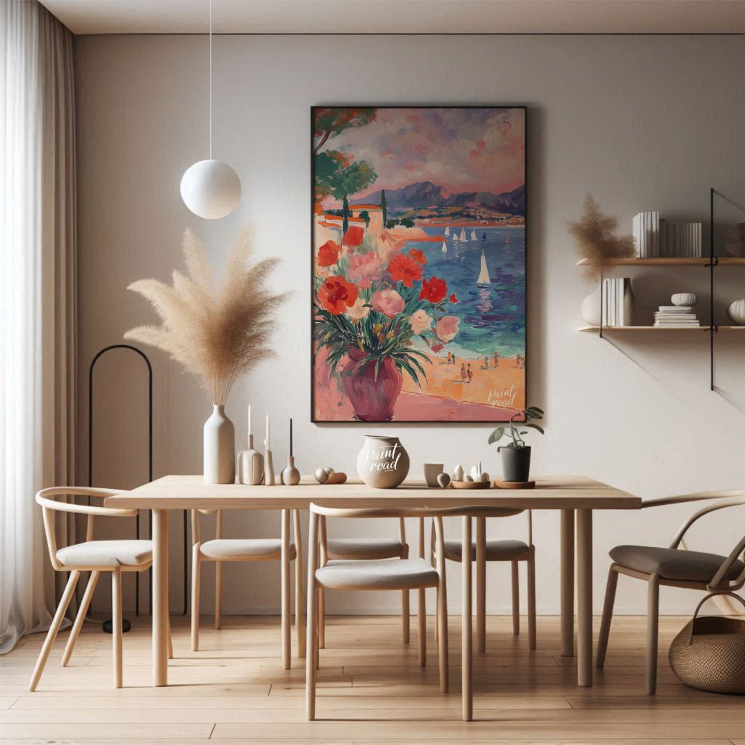 This beautiful painting captures a sun-drenched scene through an open window, revealing a breathtak… for dining room
