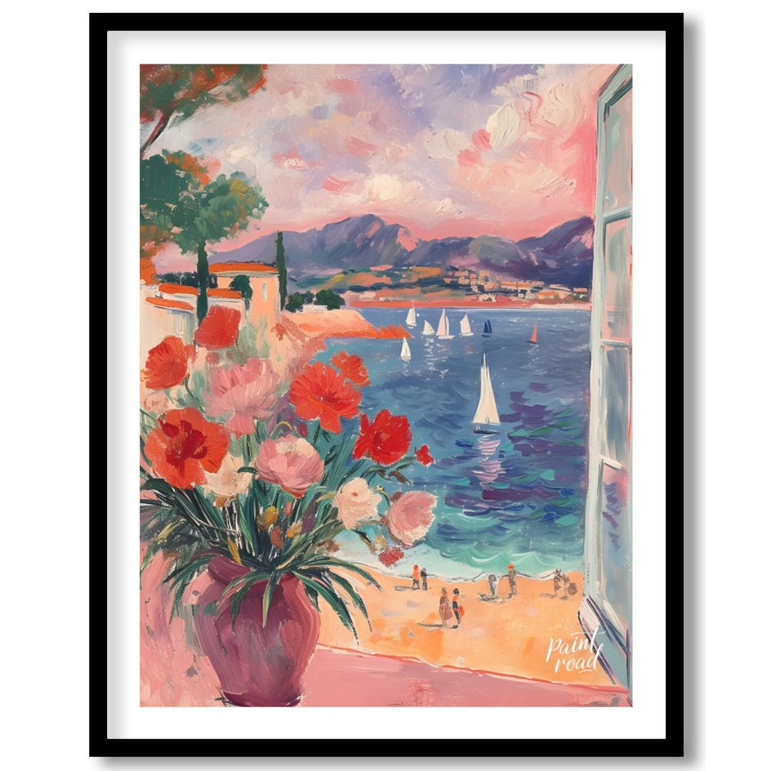 This beautiful painting captures a sun-drenched scene through an open window, revealing a breathtak… for house