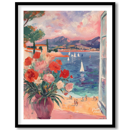 This beautiful painting captures a sun-drenched scene through an open window, revealing a breathtak… for house