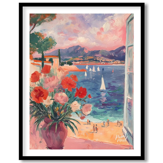 This beautiful painting captures a sun-drenched scene through an open window, revealing a breathtak… for house