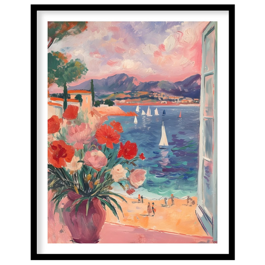 This beautiful painting captures a sun-drenched scene through an open window, revealing a breathtak… for house
