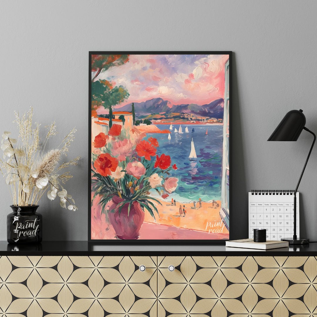 This beautiful painting captures a sun-drenched scene through an open window, revealing a breathtak… for living room