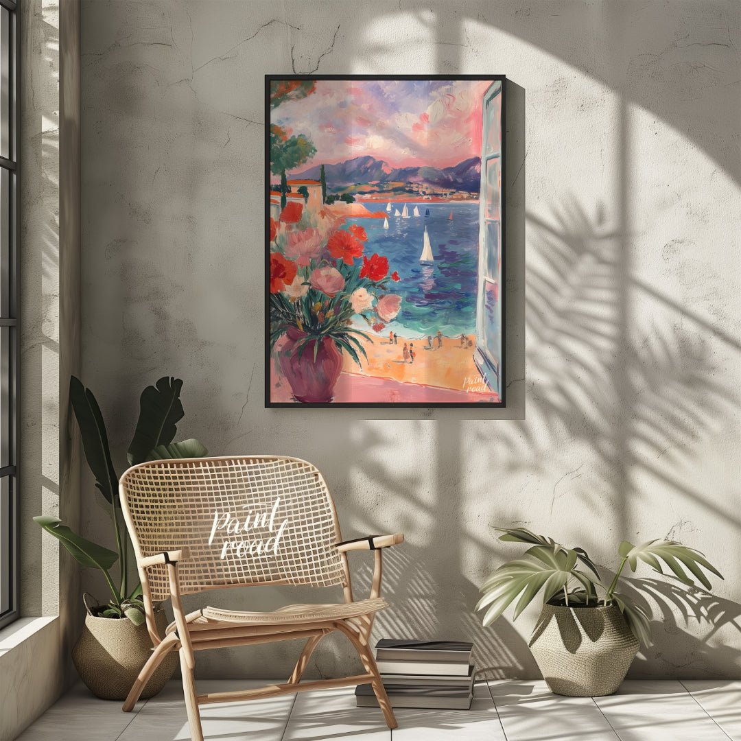 This beautiful painting captures a sun-drenched scene through an open window, revealing a breathtak… for living room