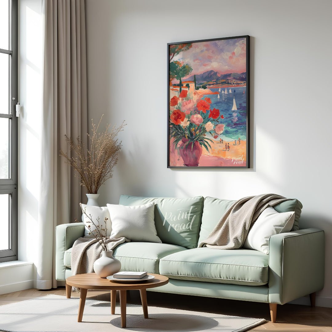 This beautiful painting captures a sun-drenched scene through an open window, revealing a breathtak… for living room