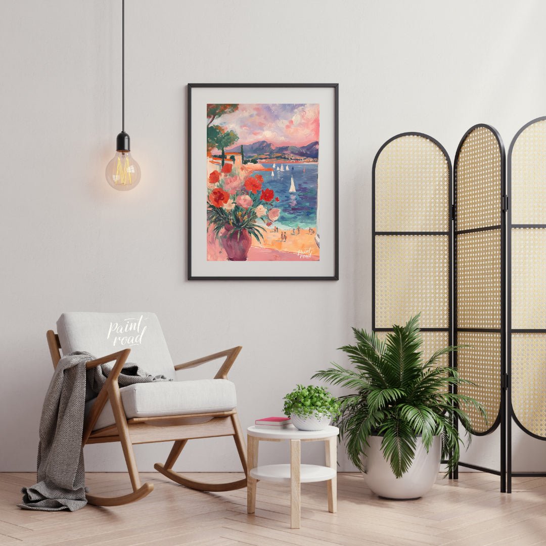 This beautiful painting captures a sun-drenched scene through an open window, revealing a breathtak… for living room