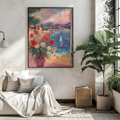 This beautiful painting captures a sun-drenched scene through an open window, revealing a breathtak… for living room