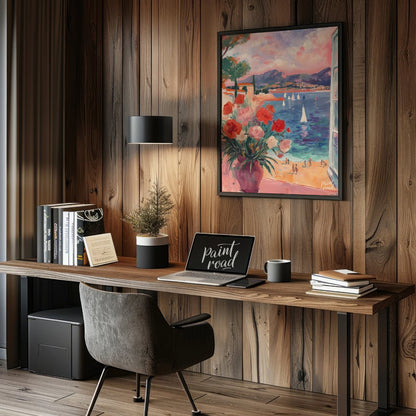 This beautiful painting captures a sun-drenched scene through an open window, revealing a breathtak… for office