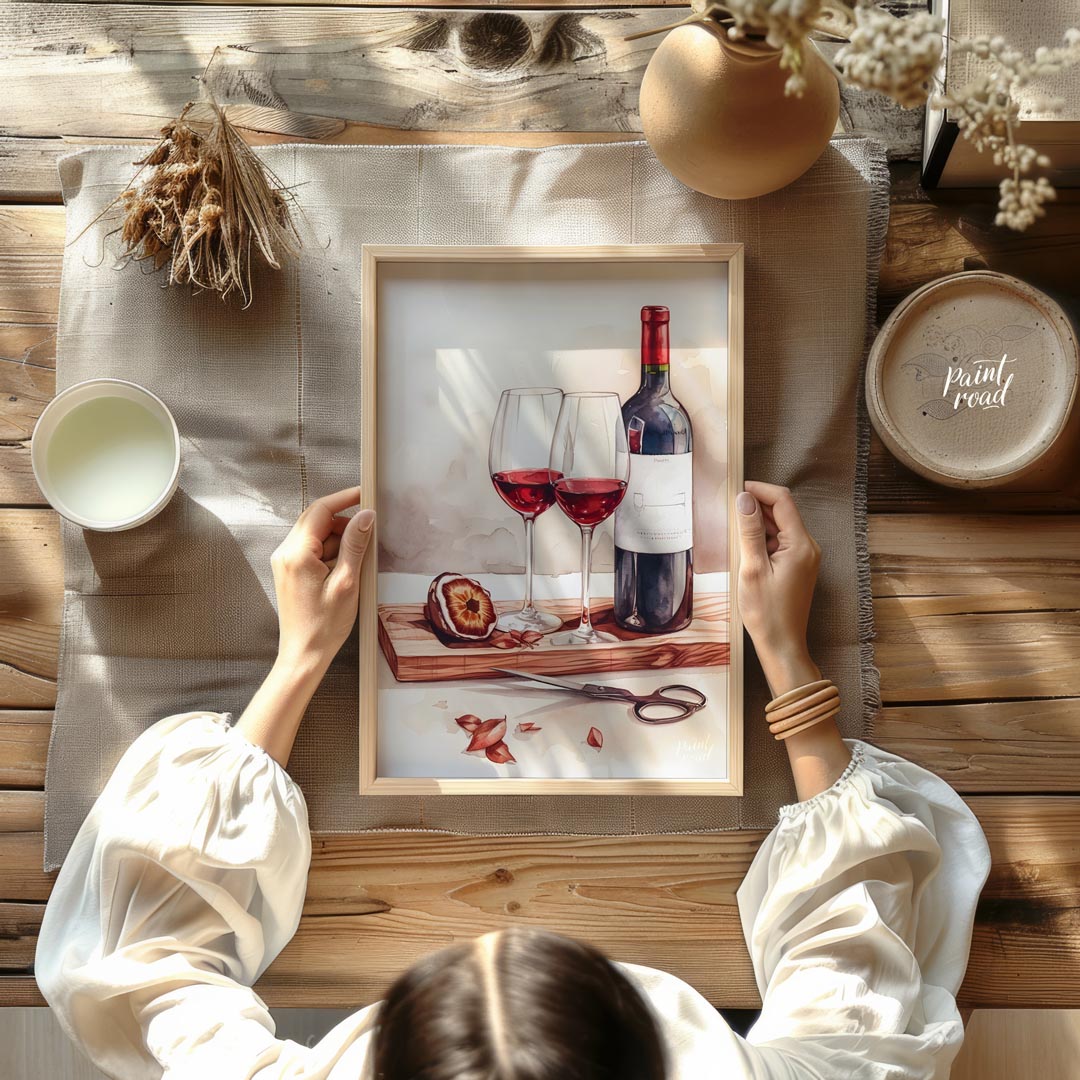 A still life watercolor painting showcasing a bottle of red wine, two elegant glasses, and a halved… for dining room