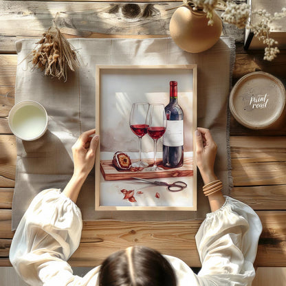 A still life watercolor painting showcasing a bottle of red wine, two elegant glasses, and a halved… for dining room