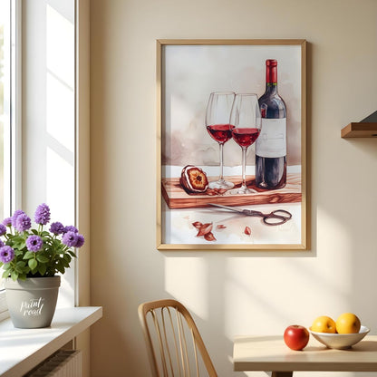 A still life watercolor painting showcasing a bottle of red wine, two elegant glasses, and a halved… for dining room