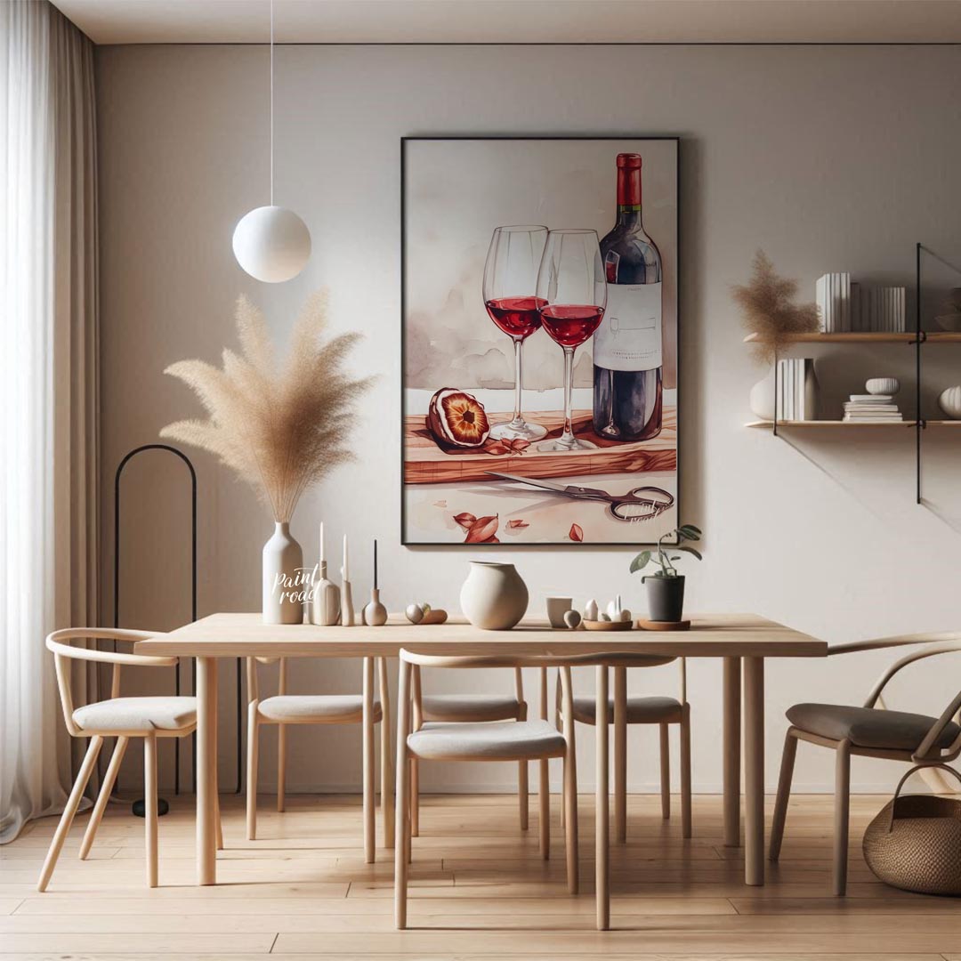 A still life watercolor painting showcasing a bottle of red wine, two elegant glasses, and a halved… for dining room