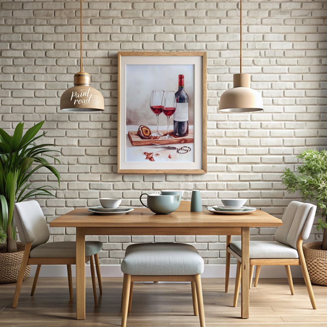 A still life watercolor painting showcasing a bottle of red wine, two elegant glasses, and a halved… for dining room