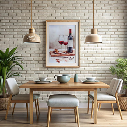 A still life watercolor painting showcasing a bottle of red wine, two elegant glasses, and a halved… for dining room