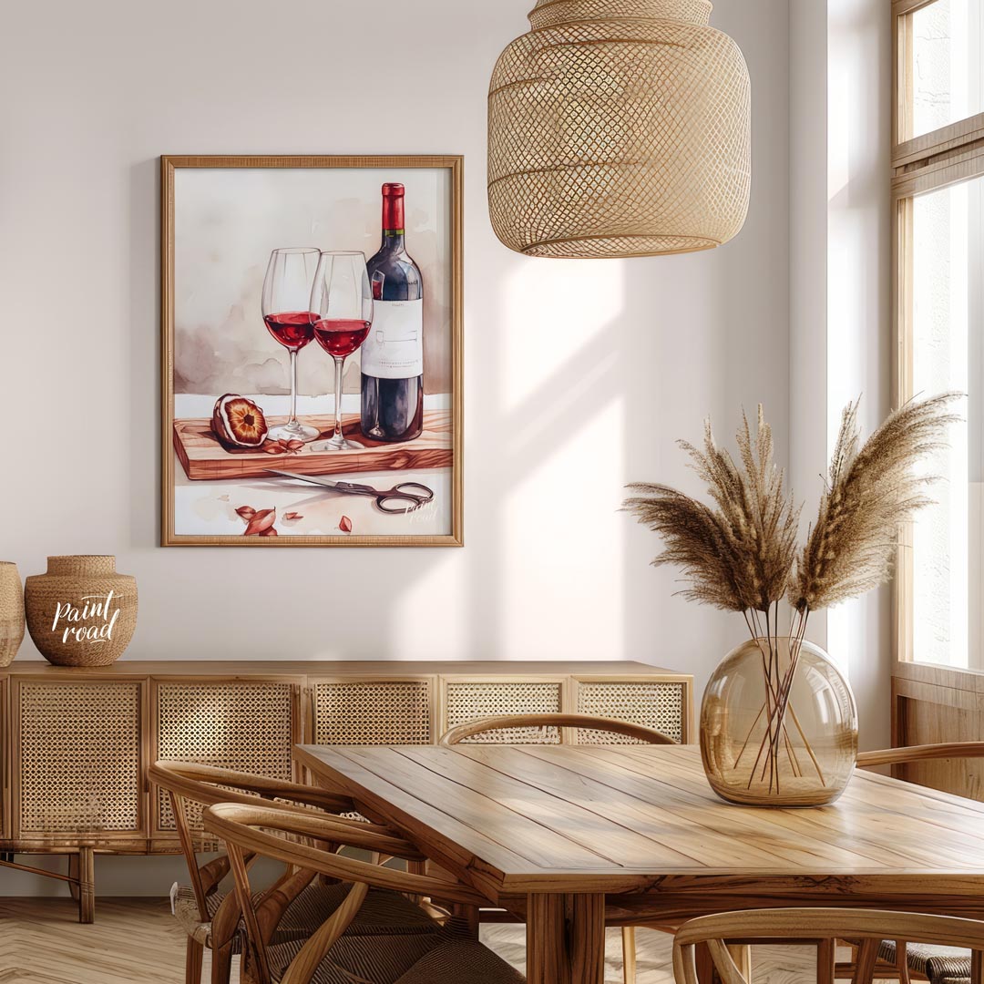 A still life watercolor painting showcasing a bottle of red wine, two elegant glasses, and a halved… for dining room