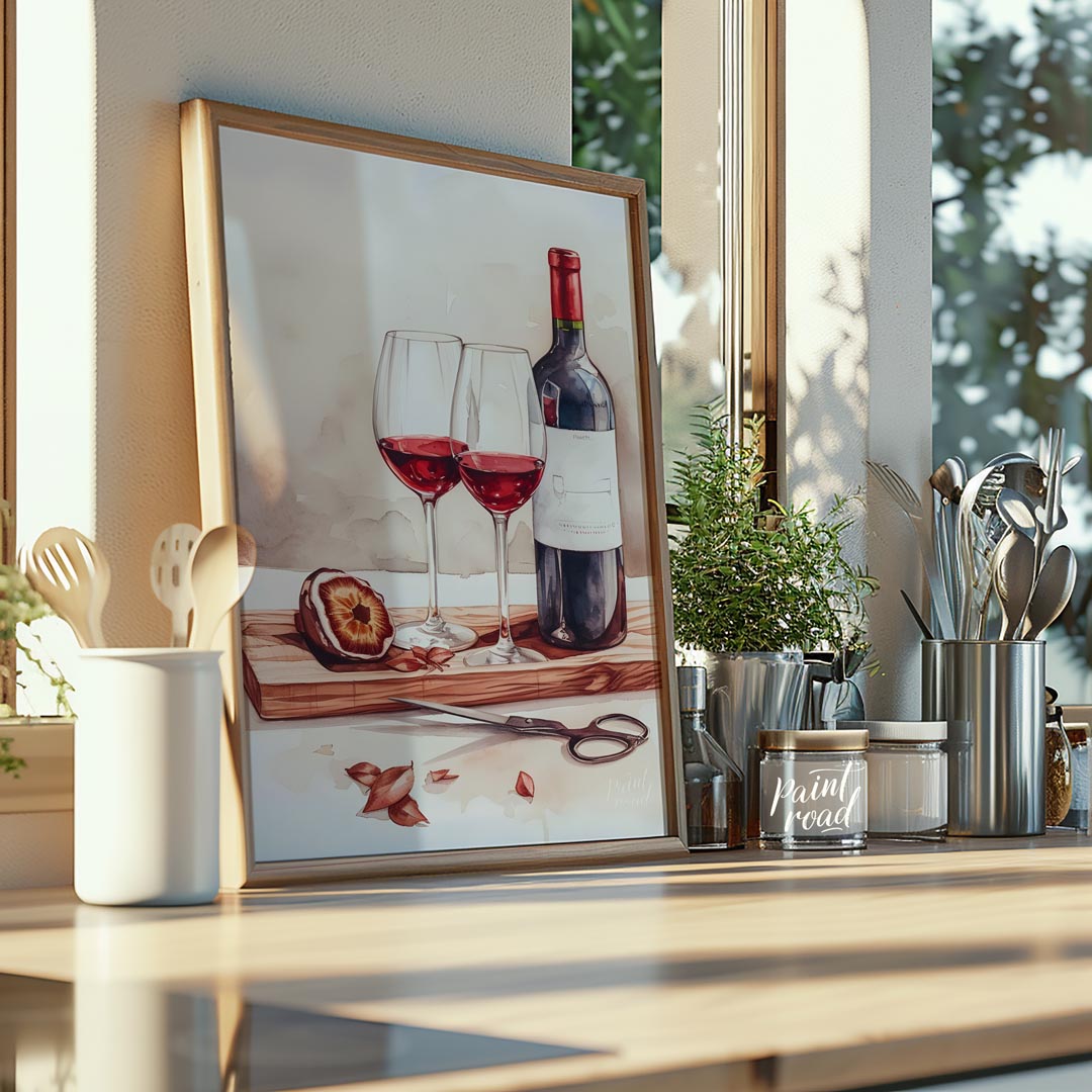 A still life watercolor painting showcasing a bottle of red wine, two elegant glasses, and a halved… for kitchen