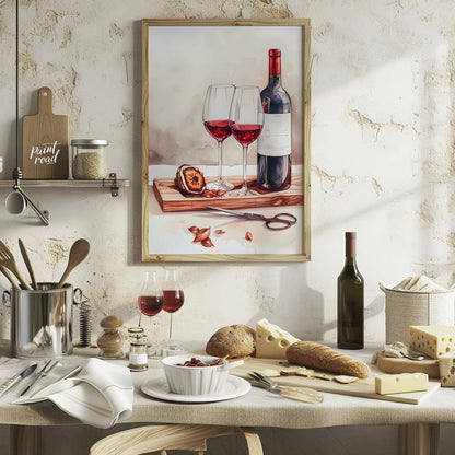 A still life watercolor painting showcasing a bottle of red wine, two elegant glasses, and a halved… for kitchen