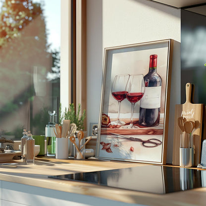 A still life watercolor painting showcasing a bottle of red wine, two elegant glasses, and a halved… for kitchen