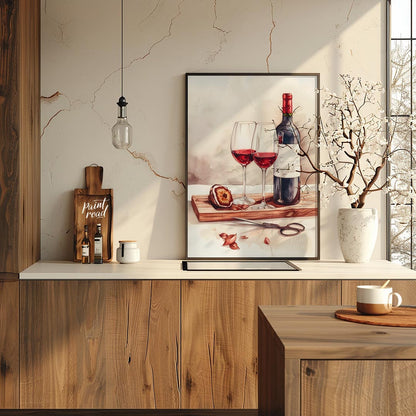 A still life watercolor painting showcasing a bottle of red wine, two elegant glasses, and a halved… for kitchen