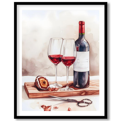 A still life watercolor painting showcasing a bottle of red wine, two elegant glasses, and a halved… for space