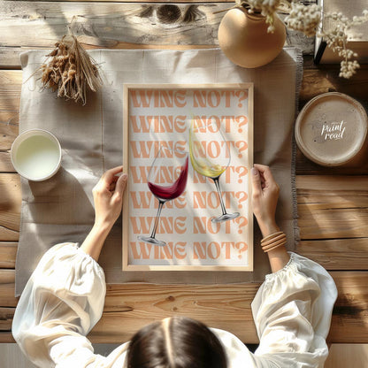 A fun and playful graphic design featuring two wine glasses clinking together with the phrase "Wine… for dining room