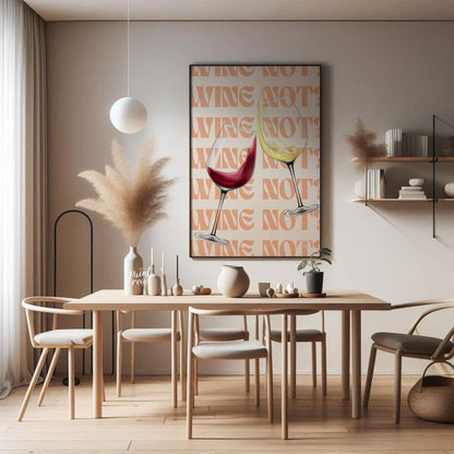 A fun and playful graphic design featuring two wine glasses clinking together with the phrase "Wine… for dining room