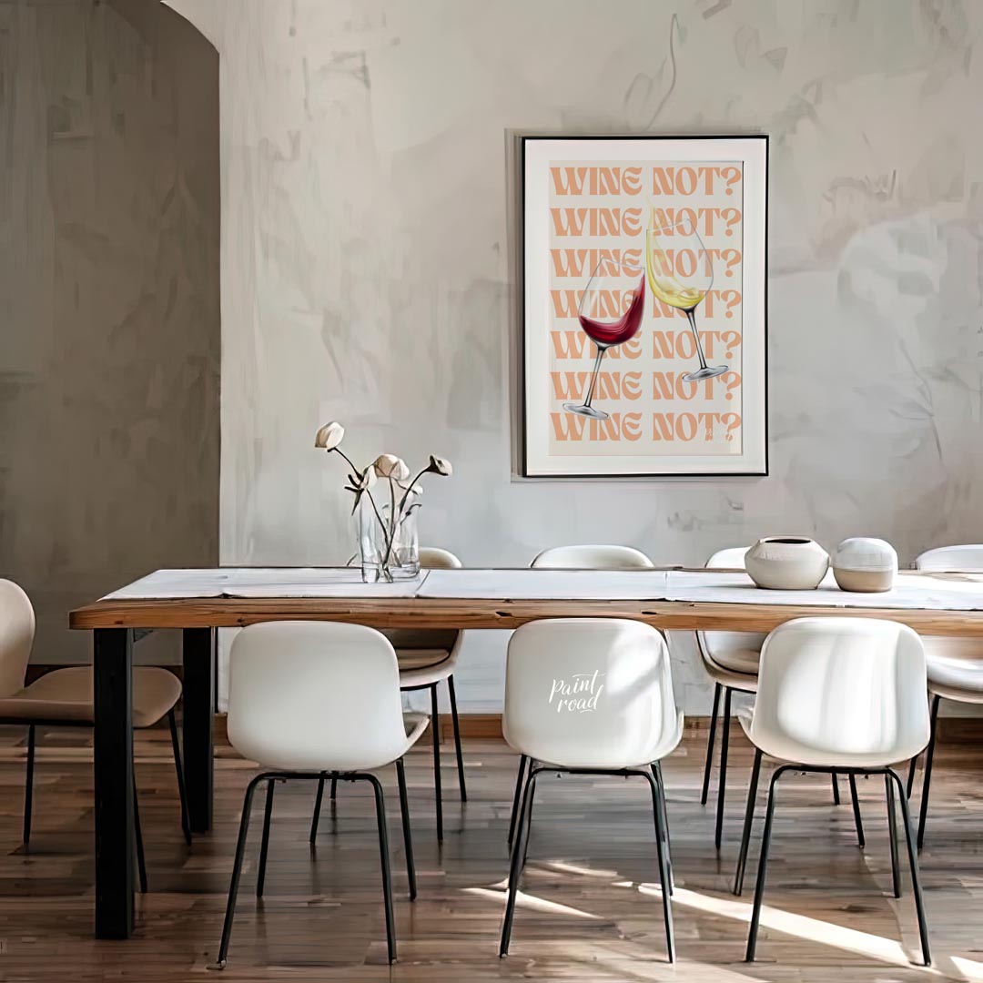 A fun and playful graphic design featuring two wine glasses clinking together with the phrase "Wine… for dining room