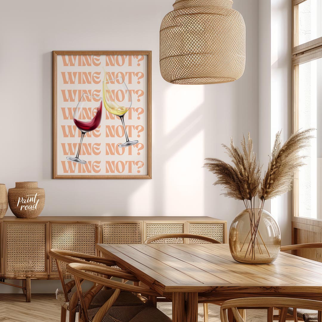A fun and playful graphic design featuring two wine glasses clinking together with the phrase "Wine… for dining room